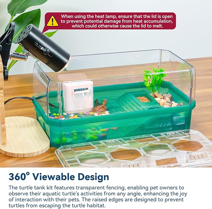 Aquatic Turtle Tank Habitat Kit Stone+Filter+Heat Lamp Enhancing Interaction with 360° Viewing, Standalone Filtration, DIY Creative Zone, Enriched Living (Green, Medium[with Light])-PawvioPets