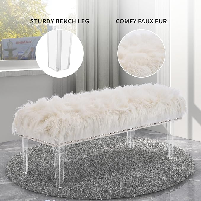 46 Inch White Bedroom Bench, Benches for Bedroom White Faux Fur Upholstered Bed end Bench, Tufting Ottoman Bench Indoor Bench with Acrylic Legs for Living Room Bedroom Entryway-PawvioPets