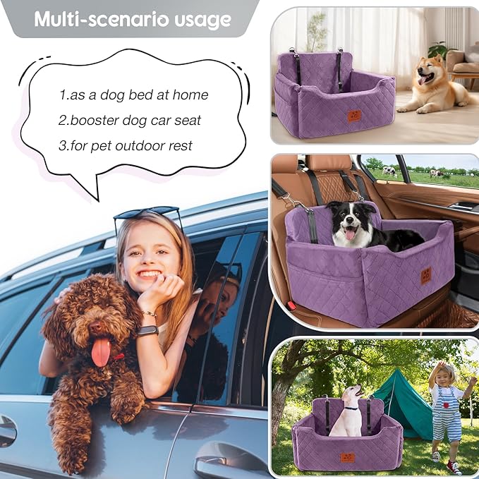 Dog Car Seat for Medium/Large Dogs, Dog Booster Seat for Pet Under 50lbs or 2 Small, Detachable and Washable Pet Car Seat,Multi-Functional Pet Travel Bed for Backseat(Purple)-PawvioPets