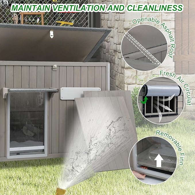 Dog House Outdoor Weatherproof & Wooden Dog Kennel with Chew-Proof Iron Frame，Removable Floor, Adjustable Vent Window, Easy Assembly for Large and Medium Dogs 43.3" D x 29.5" W x 33.5" H-PawvioPets