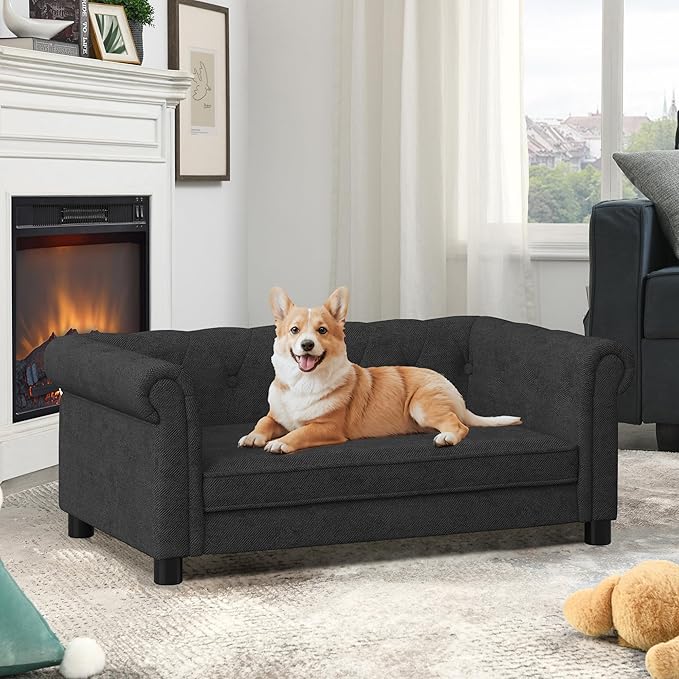 Dog Sofa Couch for Medium to Large Dogs, Memory Foam Pet Sofa Couch with Washable Fabric, Durable Elevated Dog Bed with Legs, Removable Cushion for Medium and Large Dogs, Black-PawvioPets