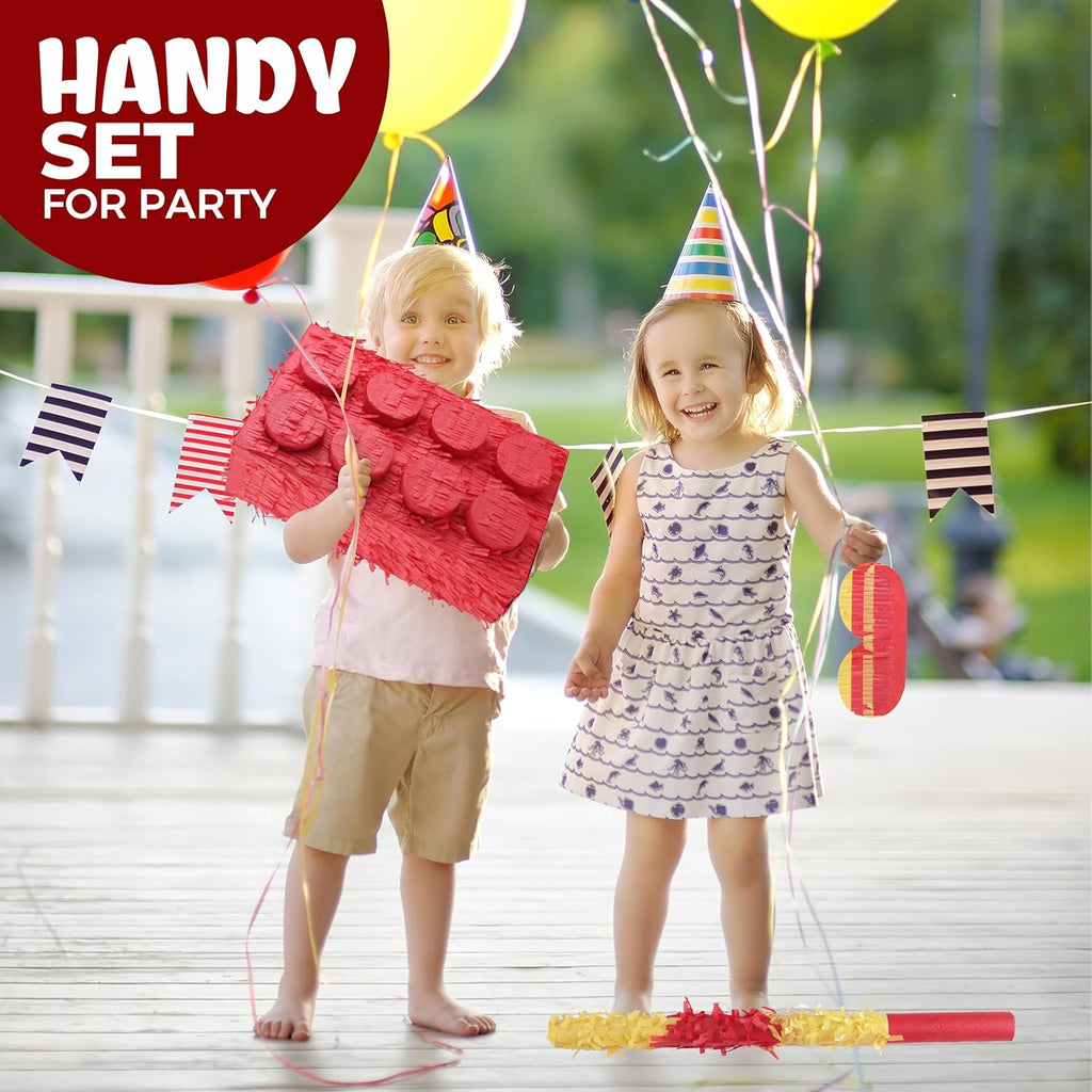 Block Pinata Bundle with a Blindfold and Bat(17 x 11 x 4 Inches), Perfect for Birthday Party Supplies, Building Blocks Theme Birthday, Decoration