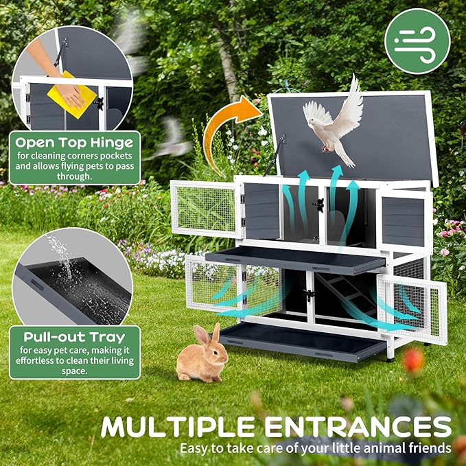 2 Story Solid Wood Rabbit/Bunny Hutch with 2 Large Main Rooms, Indoor Outdoor Rabbit House Guinea Pig Cage Pet House for Small Animals with Ventilation Door Removable Tray Waterproof Roof (Grey)-PawvioPets