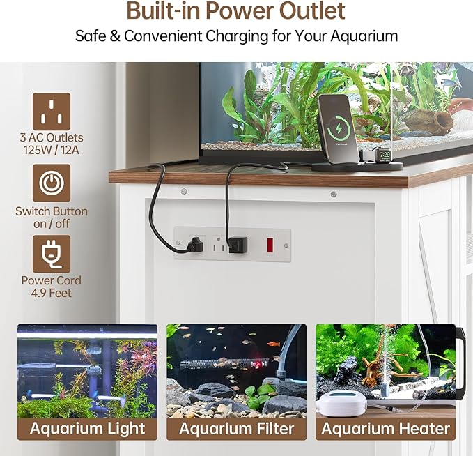 55-75 Gallon Fish Tank Stand with Power Outlet & Adjustable Shelf, Heavy Duty Aquarium Stand with Cabinet Storage for Fish Tank, Turtle Tank, Reptile Terrarium, 1000LBS Capacity, White-PawvioPets