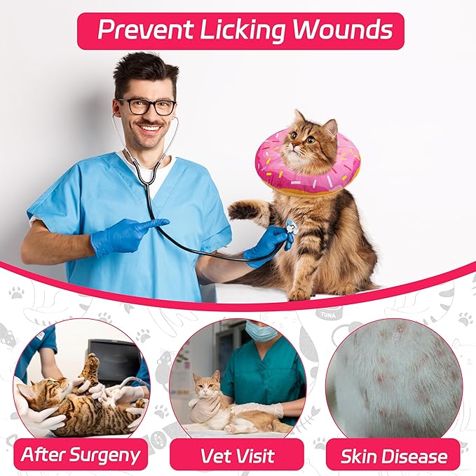 Cat Cone Soft Collar, Adjustable Cat Recovery Collars Kitten Cones to Stop Licking, Cute Donut Neck Collar After Surgery, Elizabethan Kittens Protective Cones After Spay (Donut Pink, Medium)-PawvioPets