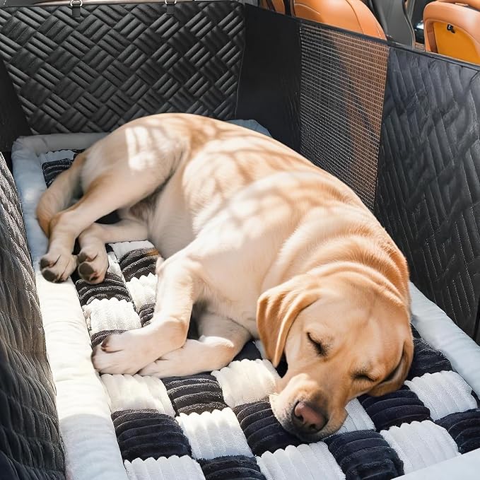 Dog Car Seat Cover for Back Seat, Plaid Backseat Pet Bed Mat, Non-Slip Travel Dog Bed for Backseat Extenders, 24.8" x 54", Black and White-PawvioPets