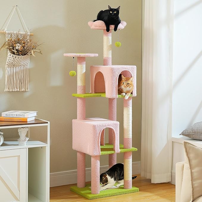 Flower Cat Tree, 62-Inch Tall Multi-Level Cat Tower with Scratching Posts for Large Indoor Cats, Plush Bed w/Padded Perches, Scratching Pad & 2 Green Pompoms, Pink-PawvioPets