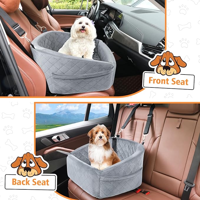 Dog Car Seat for Small Dogs,Detachable Washable Dog Booster Seat for Medium Dogs Under 30lbs, Pet Car Seat Travel Bed with Storage Pockets and Dog Safety Belt (Grey)-PawvioPets