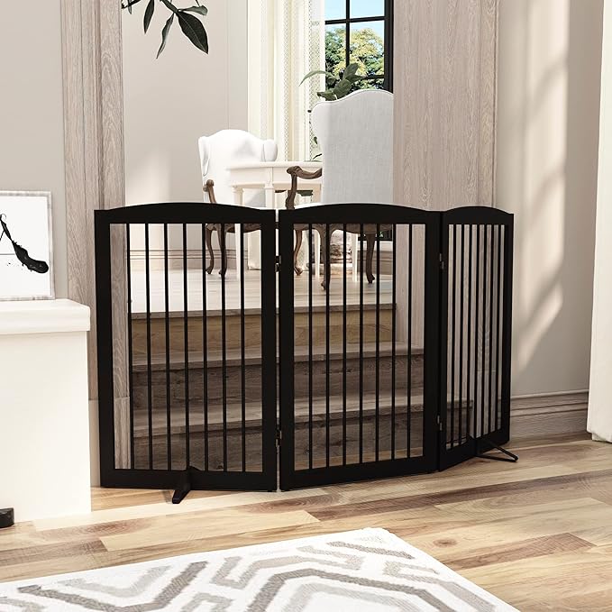 Freestanding Pet Gate for Dogs, Foldable Wooden Dog Gate for House Indoor, Tall Pet Fence for Stair, Doorway,Hall, Support Feet Included, 3 Panels 32",Brown-PawvioPets