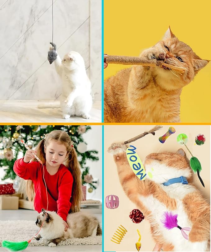Fashion's Talk Cat Toys 50 Pcs for Indoor Cats,Interactive Door Hanging Mice Feather Toy Cat Spring Toy Cat Wand Catnip Crinkle Balls Silvervine Sticks Balls Kitten Toys Bulk-PawvioPets
