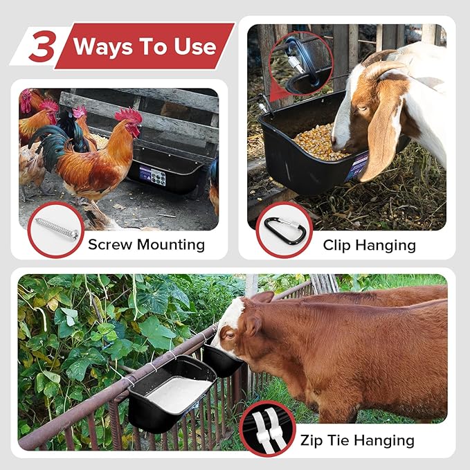 Goovilla Large Feed Trough, Hanging or Screw-in Fence Feeder with Clips, 2 Pack 9 Quart Goat Feeder Supplies, Dog Horse Hog Pig Livestock Poultry Plastic Feeder Trough Bucket for Large Animal, Black-PawvioPets