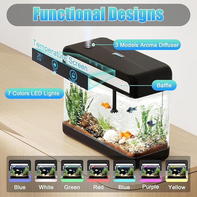 Fish Tank 3 Gallon Smart Aquarium Kits with Silent Water Pump,Self Cleaning System,7 Color Lights,Temperature Display, Aromatherapy, Advanced Filtration for Small Fish Kids Room Desktop Decor-PawvioPets