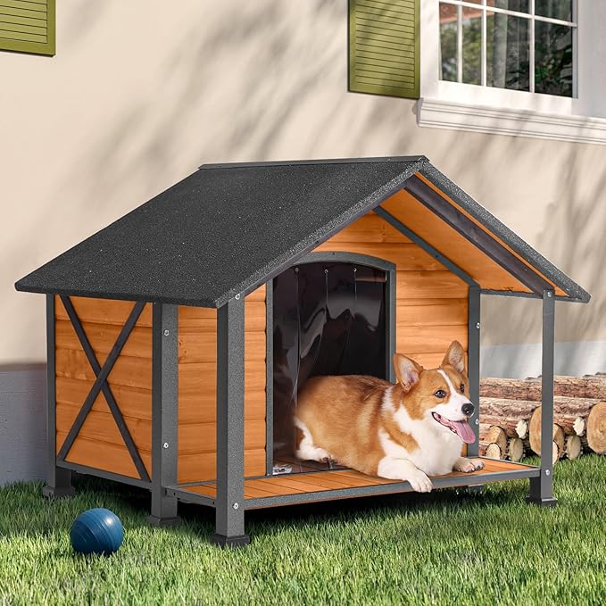 Dog House Outdoor & Indoor Unique All-Around Iron Frame Dog Kennel for Winter with Raised Feet for Small & Medium & Large Dogs,Weatherproof Roof (40.6 “L×34.3”W×31.5“H)-PawvioPets