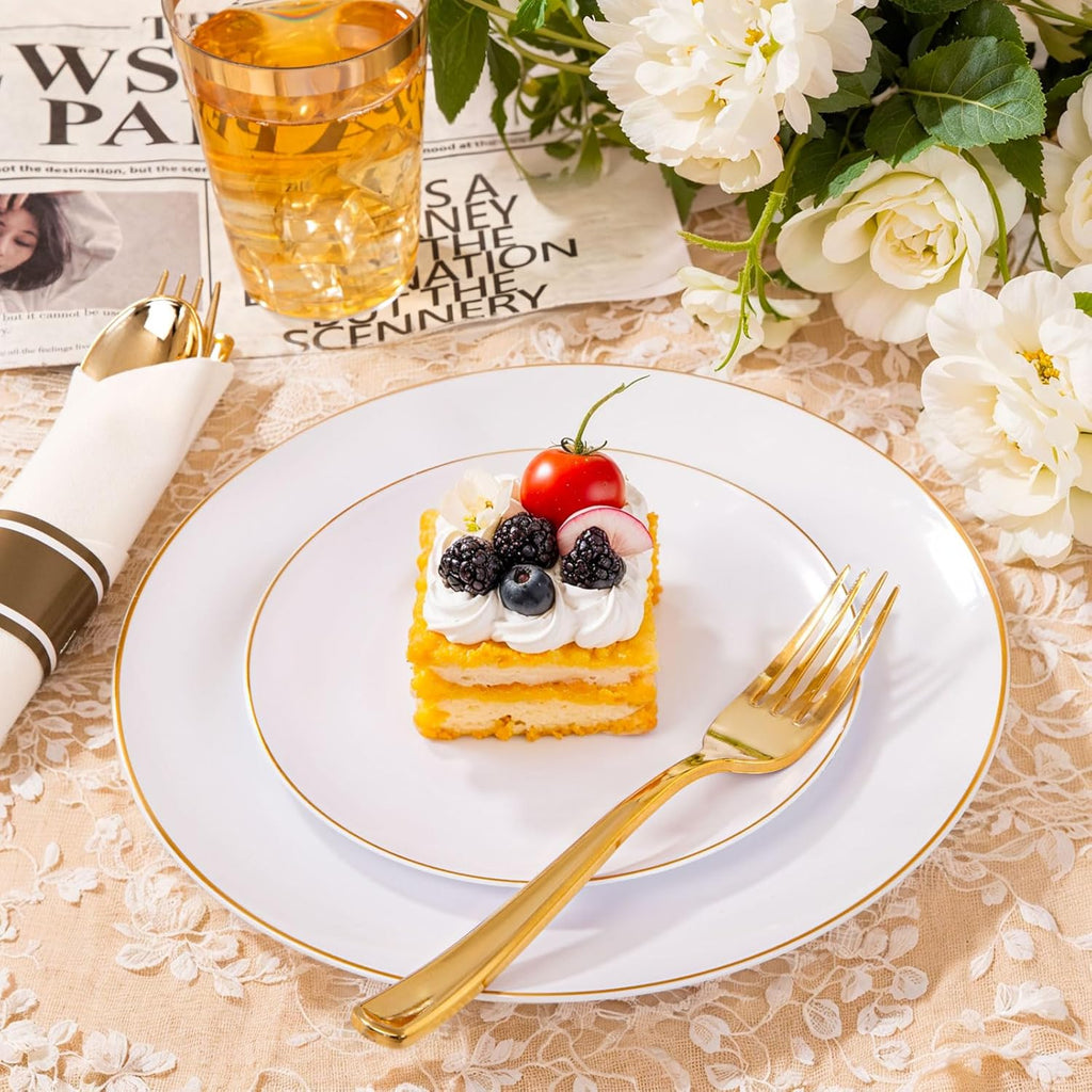 KIRE 350 PCS White and Gold Plates Disposable - Elegant Dinnerware Set of 50 Guest, White Plastic Plates With Gold Rim, Pre Rolled Napkins with Silverware & Cups for Thanksgiving Party/Wedding