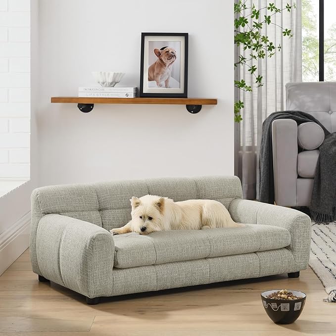 Dog Couch Bed, Mini Sofa for Dogs with Backrest and Armrest, Durable Pet Sofa with Soft Foam Cushion, Elevated Dog Couch Bed with Legs for Medium and Large Dogs, Beige-PawvioPets