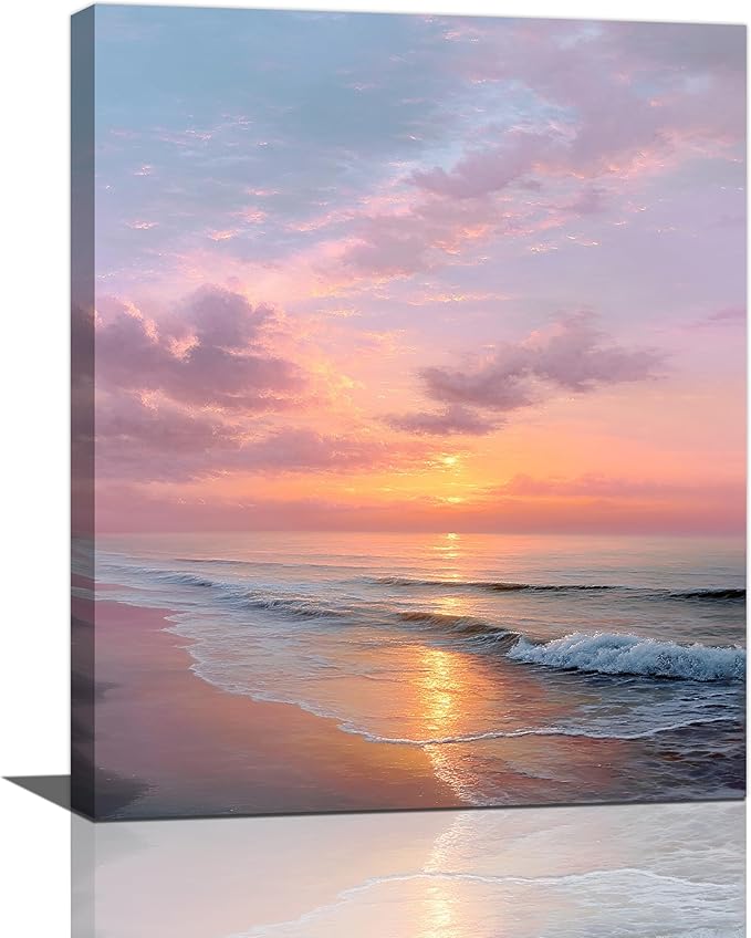 Beach Sunset Wall Art Ocean Coastal Scenery Wall Decor Seascape Picture Canvas Landscape Painting Print Framed Artwork Decorations for Living Room Office Bedroom Kitchen 16"x20"-PawvioPets