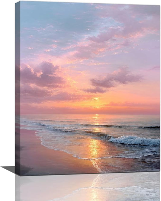 Beach Sunset Wall Art Ocean Coastal Scenery Wall Decor Seascape Picture Canvas Landscape Painting Print Framed Artwork Decorations for Living Room Office Bedroom Kitchen 16"x20"-PawvioPets