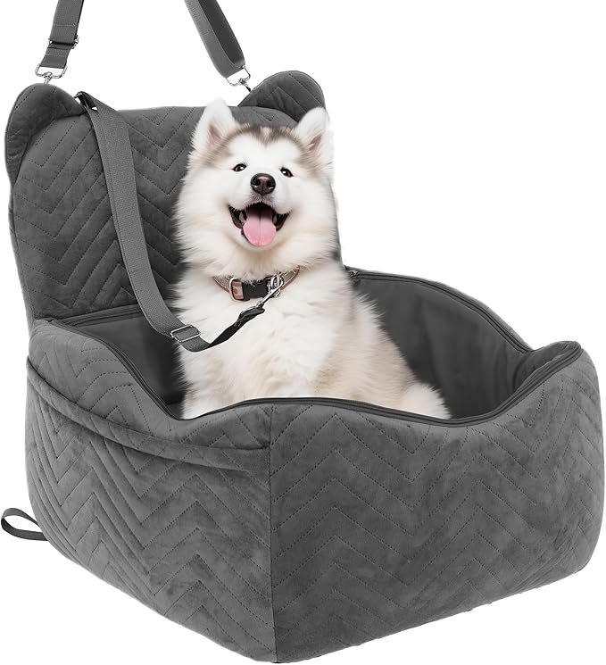 Dog Car Seat Booster with Waterproof Cover, Memory Foam, Small/Medium Dog Bed for Car Back Seat for Travel, Grey, 2 Safety Belt-PawvioPets