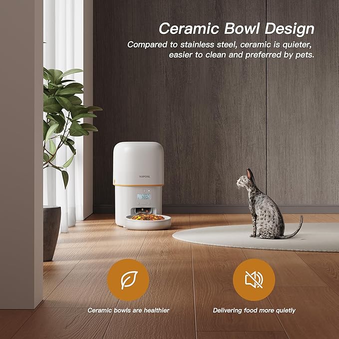 Automatic Cat Feeder - 2L Cat Food Dispenser, Timed Auto Pet Feeder with 180-day Battery Life, 1-6 Meals Per Day, 1-16 Portion, Ceramic Bowl, Desiccant Bag Keeps Dry Food Fresh, Also for Small Dogs-PawvioPets