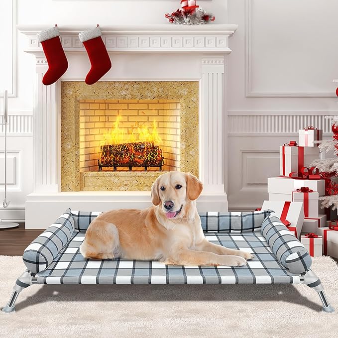 Elevated Raised Dog Bed Cot - Cooling Raised Dog Bed with Bolster Portable Washable Pet Hammock with Pillows & Metal Frame for Indoor & Outdoor, Large-PawvioPets