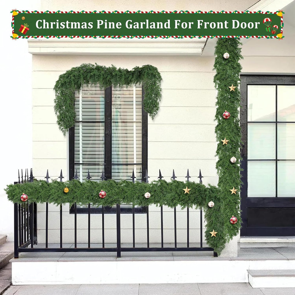 9ft Christmas Cedar Garland, Real Touch Pine Garland, Realistic Cypress Garlands Christmas Decorations for Mantel, Table, Stairs, Porch - Indoor Outdoor Xmas Holiday Decor