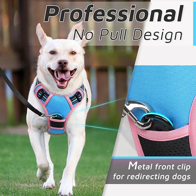 Eagloo Dog Harness for Large Dogs, No Pull Service Vest with Reflective Strips and Control Handle, Adjustable and Comfortable for Walking, No Choke Harness with 2 Metal Rings, Pink & Blue, M-PawvioPets