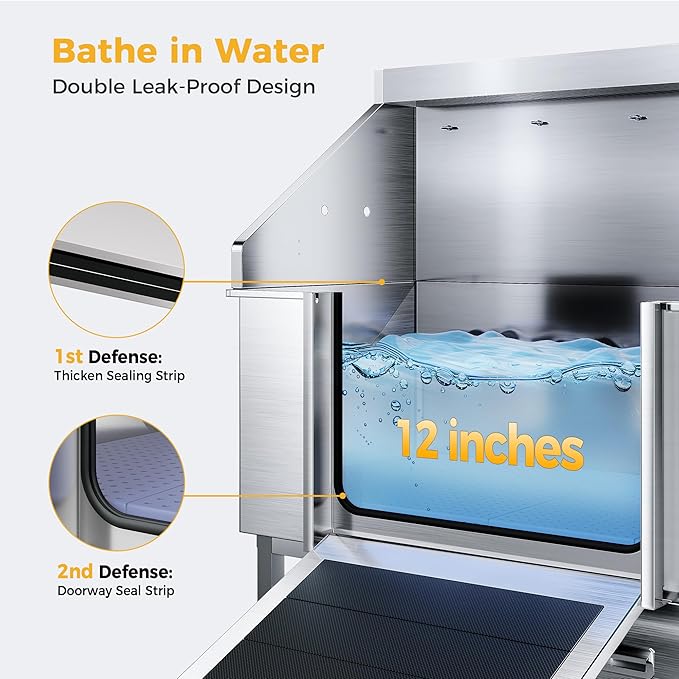 50" Dog Washing Station - 304 Stainless Steel, 27.4" Wide Ramp, Water-Storing Dog Bathing Station w/Swivel Wheels, Pet Proof Faucet, 2 Drawers, Dog Bathtub for Medium & Small Dogs-PawvioPets