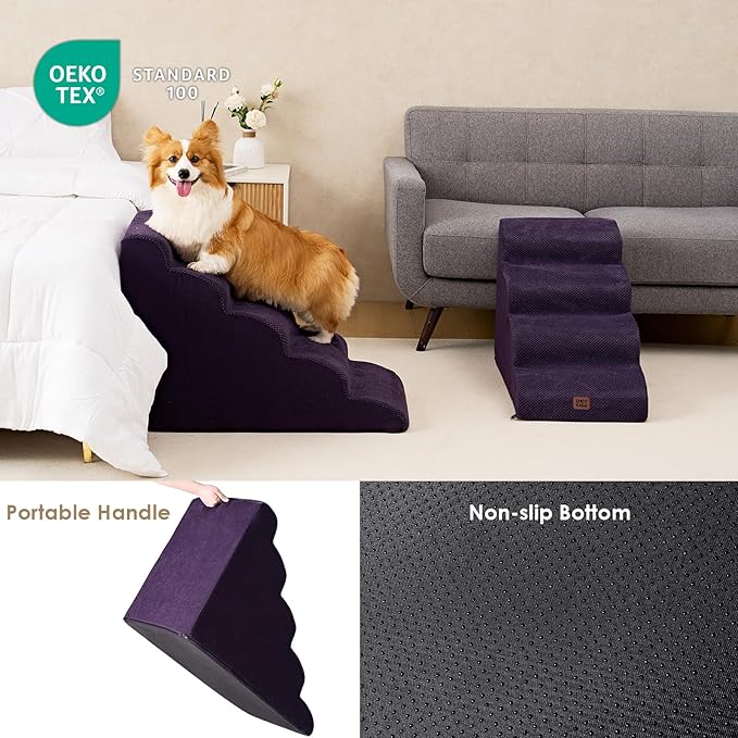 EHEYCIGA Curved Dog Stairs Ramp for High Beds 22.6" H, 5-Step Dog Steps for Small Dogs and Cats, Pet Stairs for High Bed Climbing, Non-Slip Balanced Pet Step Indoor, Purple-PawvioPets