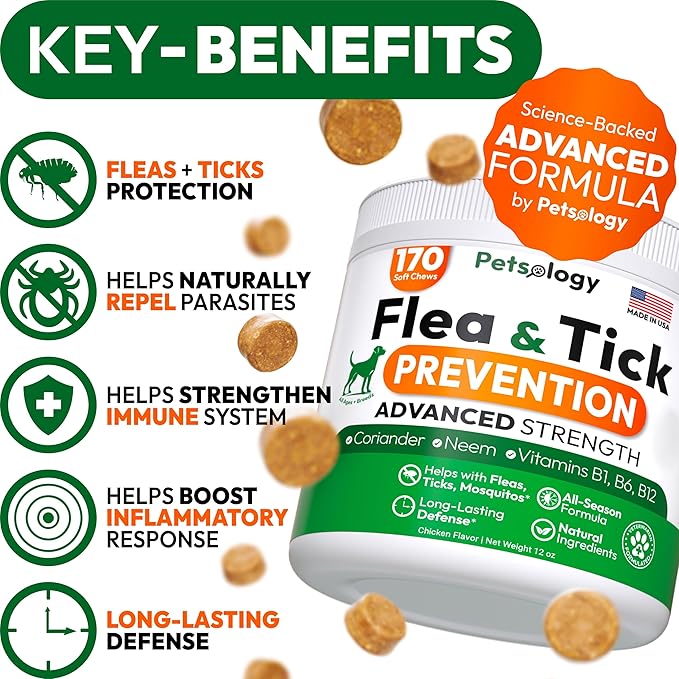 Flea and Tick Prevention for Dogs Pills - Natural Dog Flea & Tick Control - 170 Soft Chewables - Oral Defense Treatment for Dogs Supplement - Vet Formulated Chews - All Breeds & Ages - Made in USA-PawvioPets
