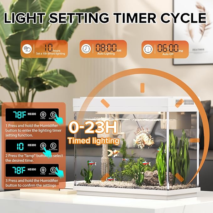 Fish Tank 2.4 Gallon Aquarium Kit with Humidifier 7-Color Auto-Looping 3 in 1 Quiet Pump with Filteration & Oxygenation & Circulation, Temperature Display, HD Glass-PawvioPets
