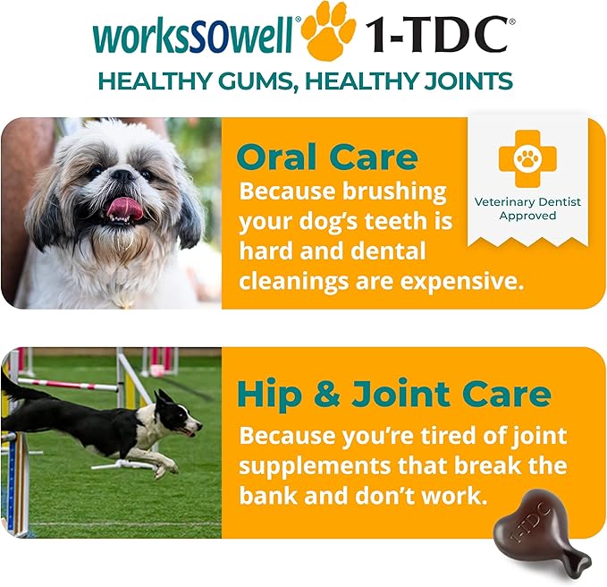 1TDC WorksSoWell Dual Action Joint Supplement for Dogs & Cats - Hip and Joint Supplement for Large Breed & Small Breed - Also Great for Oral Health - Muscle & Stamina Recovery & Arthritis - 120ct-PawvioPets