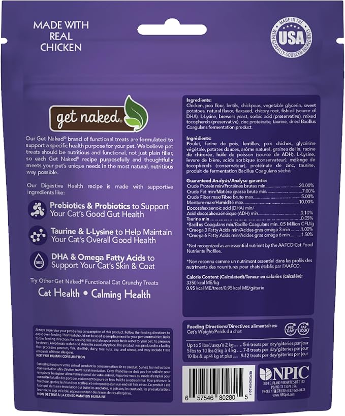 Get Naked Digestive Health Crunchy Cat Treats 6oz - Chicken Flavor, Grain-Free Cat Probiotics for Indoor Cats, Supports Healthy Digestion, Dental Health & Immunity, Made in The USA-PawvioPets