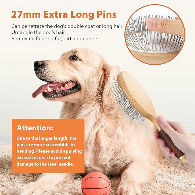 Dog Brush for Long Haired Dogs, 27mm Extra Long Pin Brush for Grooming, Shedding - Beech Wood Material, Non-Slip Rubber Handle, Round-Tipped Pins-PawvioPets