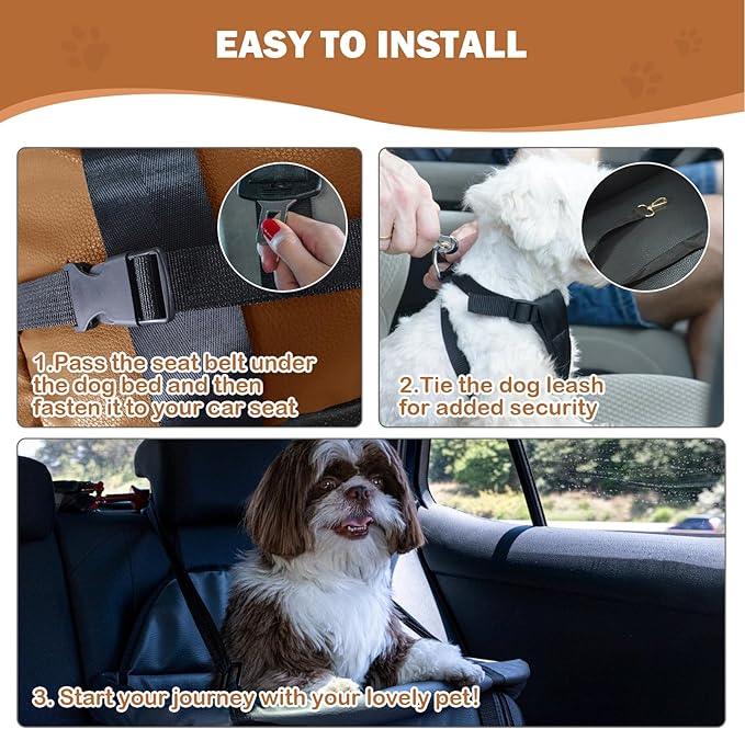 2 and 1 Center Console Dog Car Seat & Carrier for Small Dogs, Large Leather Dog Car Bed with Storage Pocket, Waterproof PVC Leather Seat Travel Bed for Front & Back Seat, Clip-On Safety Leash-PawvioPets