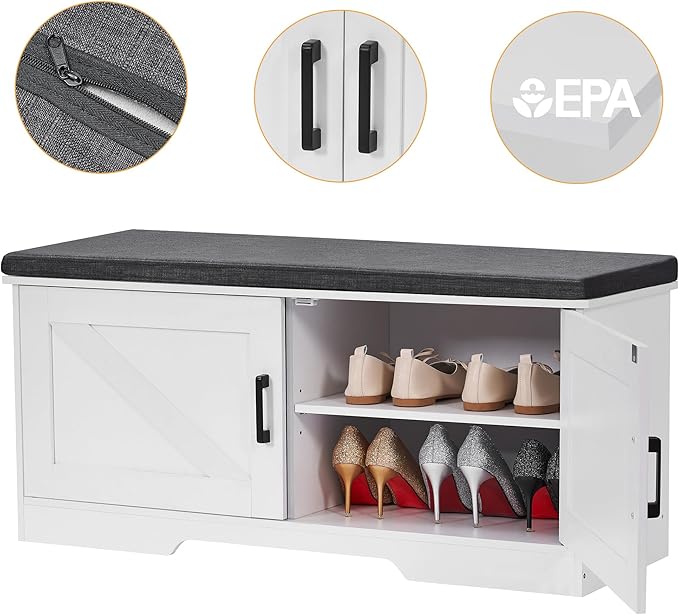 2-Tier Storage Bench, Shoe Bench with Padded Seat Cushion, Entryway Bench with 2 Barn Doors, Adjustable Shelf, 13.8" D x 39.4" W x 17.7" H, for Entryway, Living Room, Bedroom, White-PawvioPets