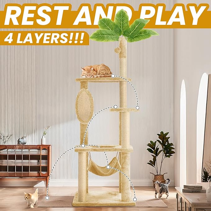 55 Inch Large Cat Tree Tower for Indoor Cats with Hammock Green Leaves Sisal Scratching Post, Plush Hang Ball Play Furniture for Kittens & Adult Cats, New Beige-PawvioPets