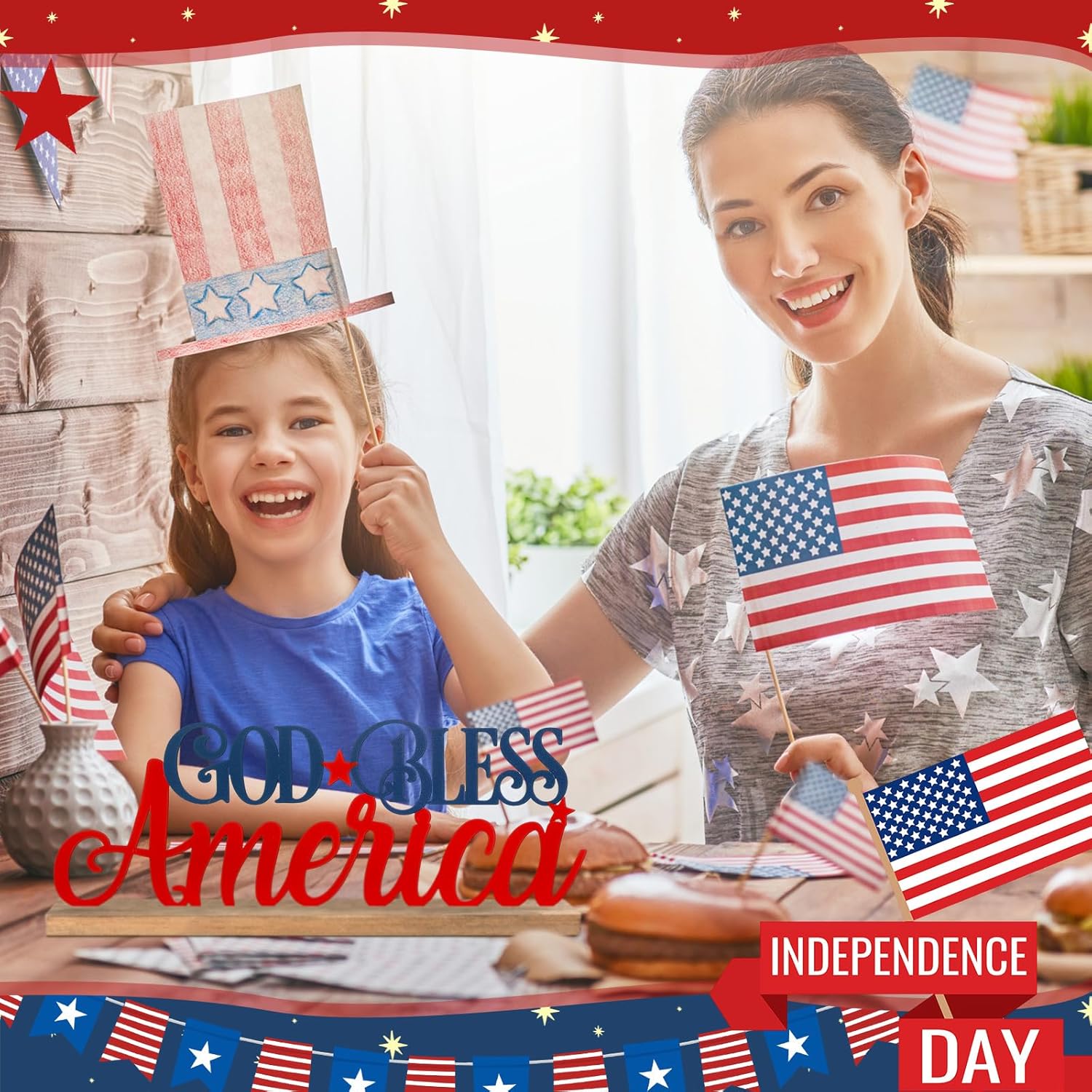 Patriotic God Bless America Metal Sign Rustic Table Decor Holiday Tiered Tray Decor with Wooden Base Freestanding Metal Word Sign for Home Tabletop Centerpiece Mantel Shelf Fireplace