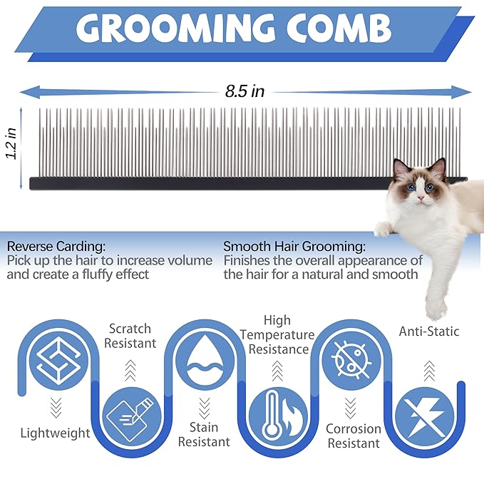 8.5 Inch Upgrade Black Professional Cat Comb,Dual-Tooth Pet Grooming Comb Anti-Static Smooth Rounded Corners Prevent Friction Breakage and Irritation,Removing Tangles,Knots,Undercoat and Excess Hair-PawvioPets