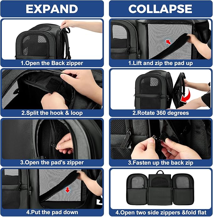 Apollo Walker Pet Carrier Backpack for Large/Small Cats and Dogs, Puppies, Safety Features and Cushion Back Support for Travel, Hiking, Outdoor Use (Black-Expandable)-PawvioPets