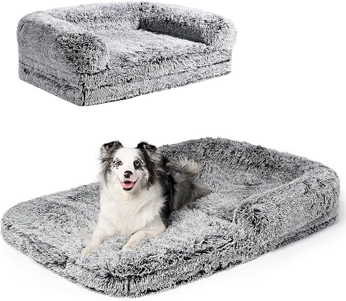 EHEYCIGA Foldable XXL Dog Bed, Faux Fur Fluffy Pet Couch Bed for Extra Large Dogs, Orthopedic Calming Memory Foam Pet Bed, Washable Soft Pet Sofa Bed with Non-Slip Bottom, Faded Black, 54"x38"x7.5"-PawvioPets