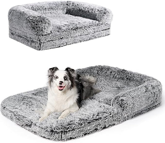 EHEYCIGA Foldable XXL Dog Bed, Faux Fur Fluffy Pet Couch Bed for Extra Large Dogs, Orthopedic Calming Memory Foam Pet Bed, Washable Soft Pet Sofa Bed with Non-Slip Bottom, Faded Black, 54"x38"x7.5"-PawvioPets