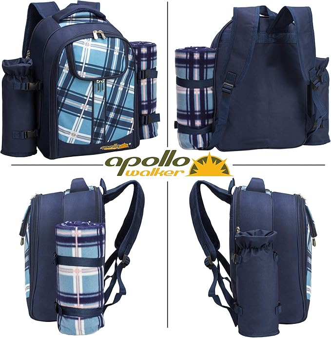 Apollo Walker Picnic Backpack Bag for 2 Person with Cooler Compartment, Detachable Bottle/Wine Holder, Fleece Blanket, Plates and Cutlery (Blue)-PawvioPets
