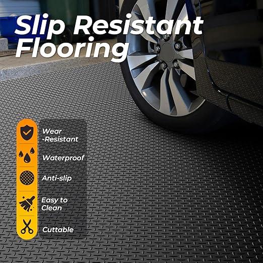 7.8 x 18 FT Garage Floor Mats for Under Car, 2.8mm Thickened Rubber Garage Flooring Roll, M Size 140.4 SQFT Garage Car Mat for Mid-Size SUVs, Sports Car, Black-PawvioPets