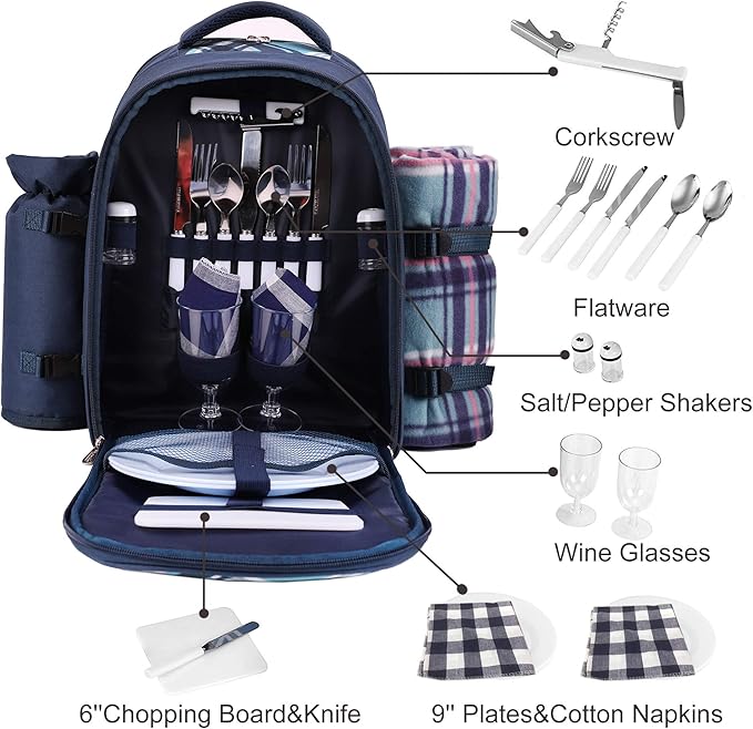 Apollo Walker Picnic Backpack Bag for 2 Person with Cooler Compartment, Detachable Bottle/Wine Holder, Fleece Blanket, Plates and Cutlery (Blue)-PawvioPets