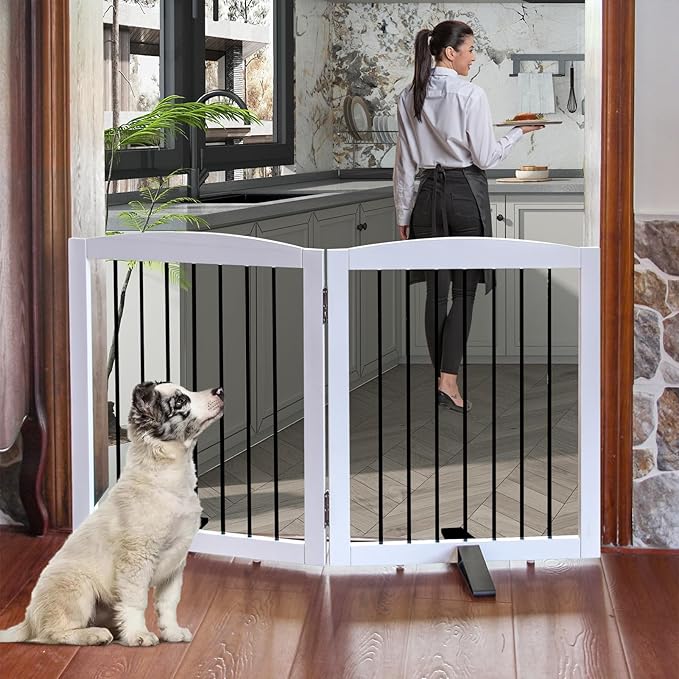 Freestanding Panel Gate for Indoor Doorways, Stairs, or Hallways, Foldable Wooden Gate for Dogs, Support Feet Included, 24" Height - 2 Panels, White-PawvioPets