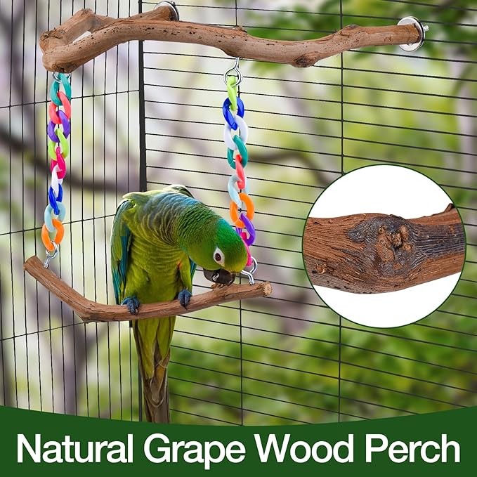 Bird Swing Toys, Standing Bird Perch with Natural Grape Wood, U Shape Hangable Birdcage Accessories, Birds Chewing Toy for Budgerigars, Parakeets, Cockatiels, Conures, Lovebirds, Finches (3Pack)-PawvioPets