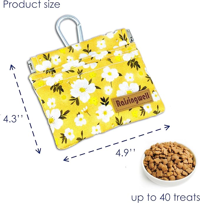 Dog Treat Pouch, Pocket Sized Pet Training Pouch, Cotton Fabric, Hand Free Yellow Flower Dog Walking Bag with Carabiner, Self-Closing Pet Feed Snack Reward, for Puppy Travel or Outdoor Use-PawvioPets