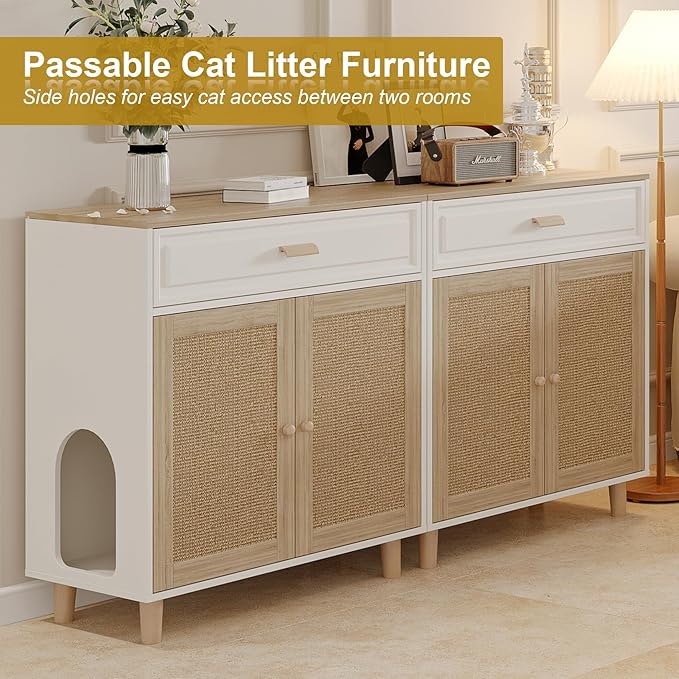 Cat Litter Box Enclosure Furniture Hidden Indoor 2-in-1 Wooden Cat House & Washroom Cabinet with Scratching Board Doors and Drawer, 31.5"x15.7"x34.6"H-PawvioPets