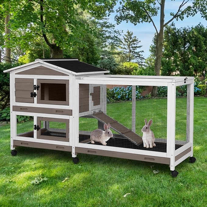 Aivituvin Rabbit Hutch Rabbit Cage Indoor with Casters Bunny Cage Outdoor for Small Animals with Pull-Out Tray-PawvioPets