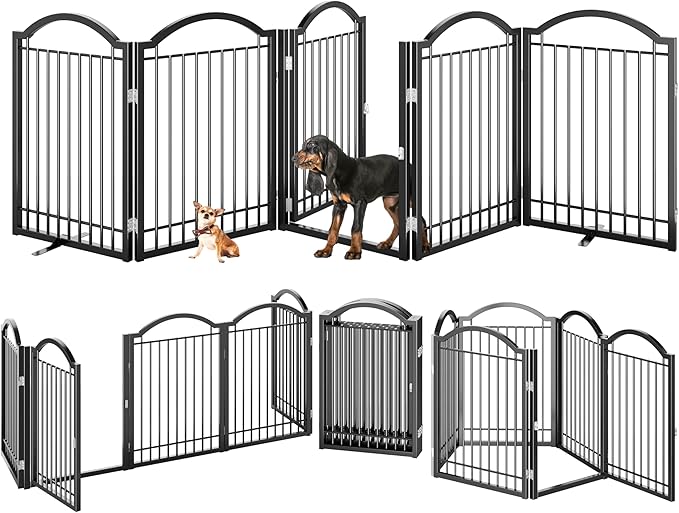 BHG Metal No-Assembly Freestanding Dog Gate with Door Walk Through, Extra Wide 120", Extra Tall 32" Pet Gate, Accordion Puppy Folding Playpen Dog Fence, with 2PCS Support (Black, 5 Panels)-PawvioPets